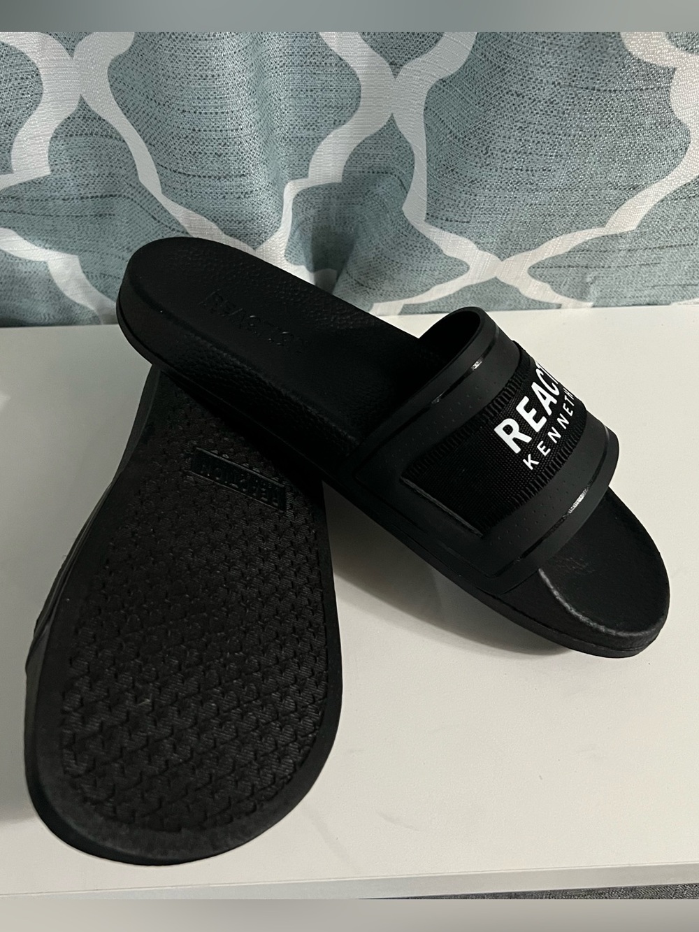 Kenneth Cole Black Slide Sandals with White Logo